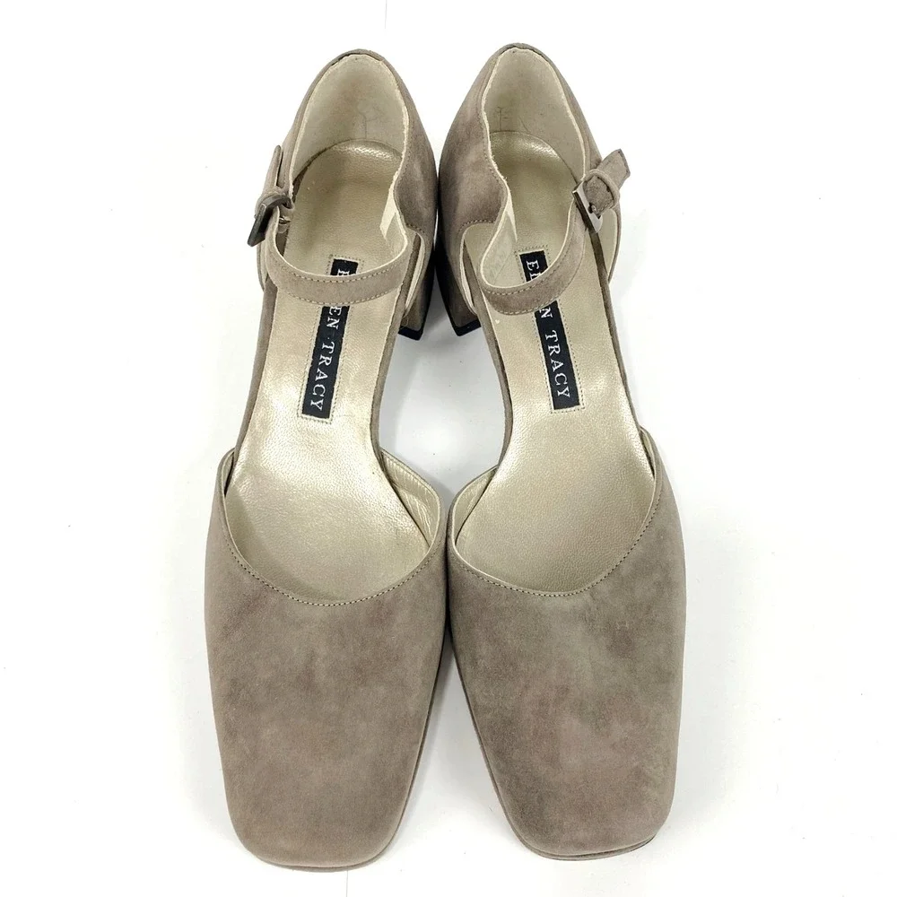 NEW Ellen Tracy Suede Leather Flats Women's 7.5 B D'Orsay Ankle Strap Taupe VTG